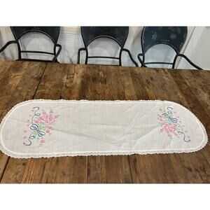 Vintage white linen table, dresser runner  with hand embroidered roses flowers